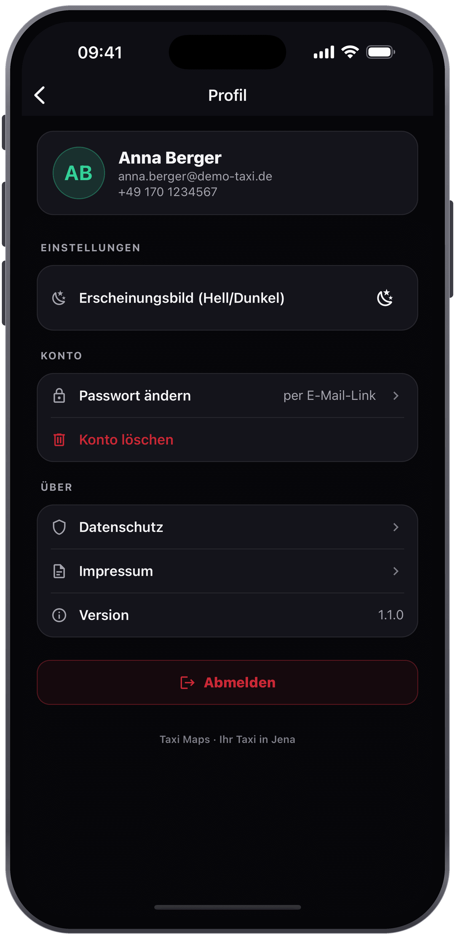 TAXI JENA App – Profil mit Konto-Einstellungen und Löschfunktion